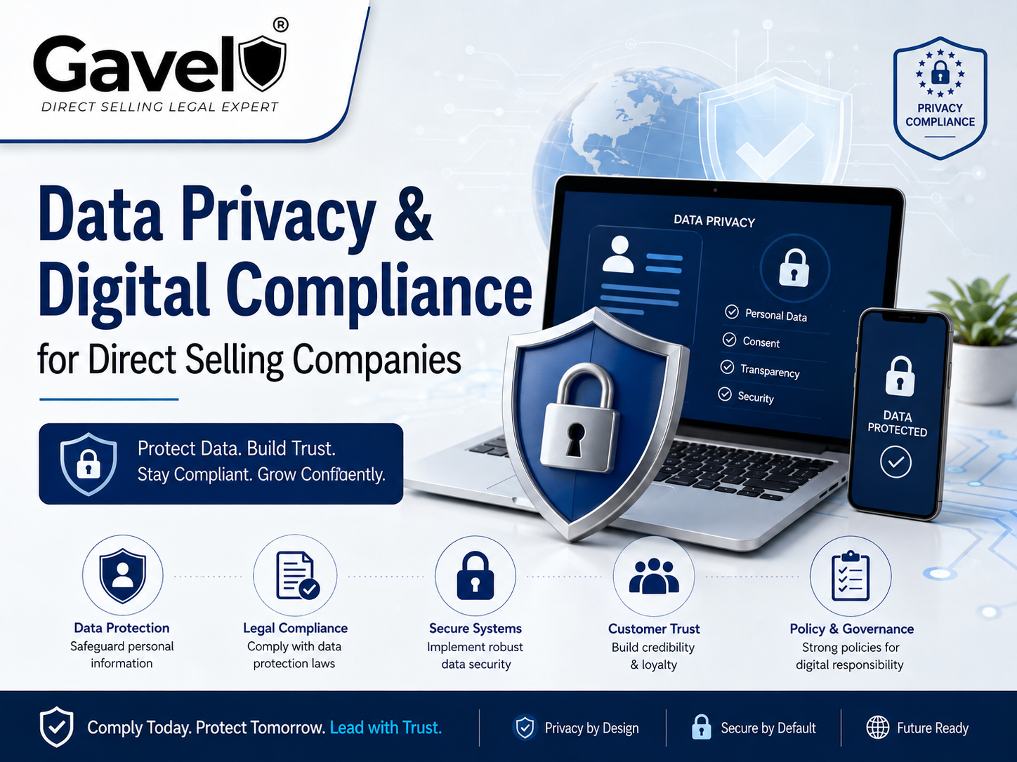 Data privacy and digital compliance for direct selling companies showing secure customer data, privacy protection, cybersecurity, and regulatory compliance.